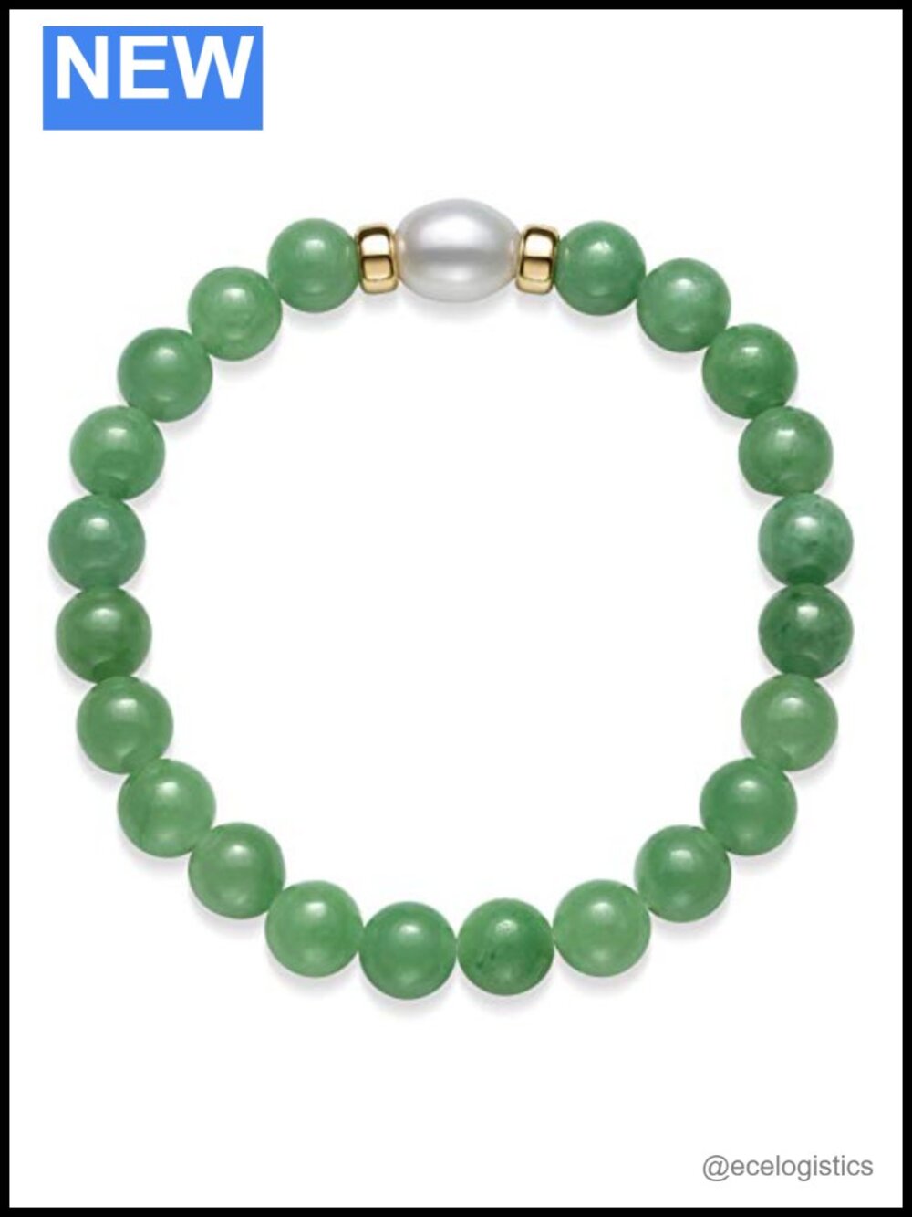 Natural Jade Stretch Bracelet 14k Yellow Gold Pearl 8.5in